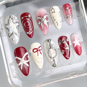 Y2K Nail Set with Elegant | Red and White Press On Nails | Unique Nail Art Designs | Handcrafted Star And Cute Bow | HD161H