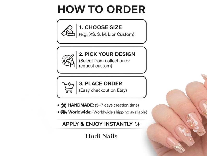 May include: Image showing instructions on how to order from Hudi Nails. The steps include choosing a size, picking a design, and placing an order on Etsy. The image also states that the nails are handmade and worldwide shipping is available.