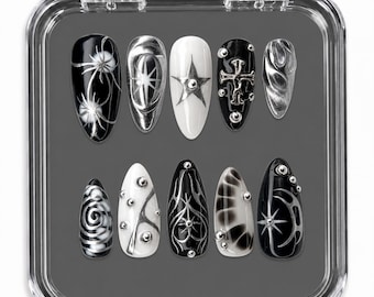 Black Silver Gothic Press On Nails | Chrome Cross Star Nails | Cyber Y2K Alt Nails | Handmade Reusable Stiletto Nail Set | HB001UH