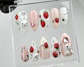 3D Bunny Strawberry Press On Nails | Kawaii Nail Art HC690YC
