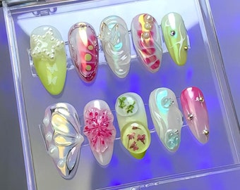 Floral Delights Press On Nails | 3D Gel Nails with Butterfly Motifs On Fake Nails | Y2K Glossy Spring Nails | Pearl Charms Press Ons| HD184T