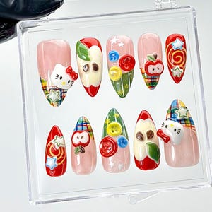 Uñas postizas de Hello Kitty Apple / Uñas postizas kawaii / Diseño de uñas con frutas en 3D / Uñas japonesas divertidas / Uñas kawaii / HB904YK
