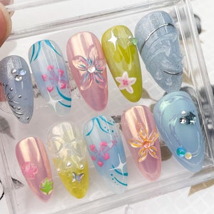 Shiny Press On Nails with a Variety of Glittering Colors on Fake Nails | Y2k Nails With 3D Flower Patterns | Spring Nails | Nail Art | HD29T