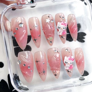 Hello Kitty-Inspired Nail Art: Adorable Pink Ombre Magic Nails Charm | Pink Press On Nails | Spring Nails| Mother day gift |Fake Nails| HC07