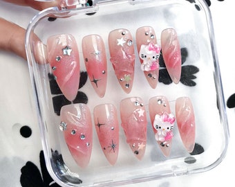Hello Kitty-Inspired Nail Art: Adorable Pink Ombre Magic Nails Charm | Pink Press On Nails | Spring Nails| Mother day gift |Fake Nails| HD07