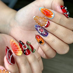 Lebendige abstrakte Presse auf den Nägeln | Regenbogen künstlerische Nagelkunst | 3D Bunte Gefälschte Nägel | Handgefertigte Festival Nägel | Farbe Pop Nägel | HB1055YC