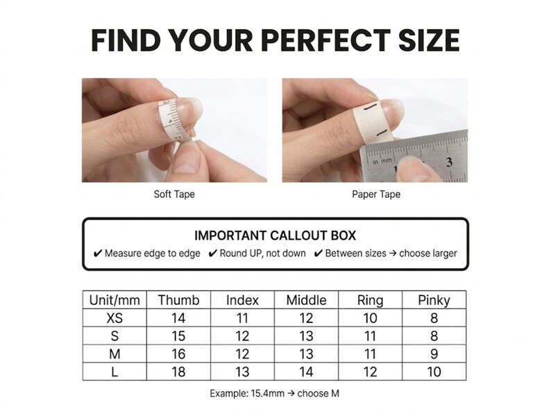 May include: Image with text "FIND YOUR PERFECT SIZE" showing how to measure fingers with soft and paper tape. A chart provides size measurements in millimeters for thumb, index, middle, ring, and pinky fingers, with examples and instructions.