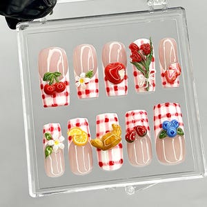 Gingham Picnic Press On Nails | 3D Fruit & Floral Nail Art | Cherry Strawberry Lemon Press Ons | Cottagecore Picnic Fake nails | HB946YK