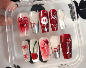 Red Coquette Press On Nails | Sophisticated Silver Star and Cherry Details Nail Art | Y2k nails | Fake Nails | Nails Press On | HC351T