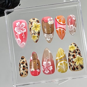 Tropical Summer Press On Nails | 3D Hibiscus, Citrus Design Fake Nails | Handmade Vacation Nail Art | Luau Beach Press Ons | Summer |HB878YK
