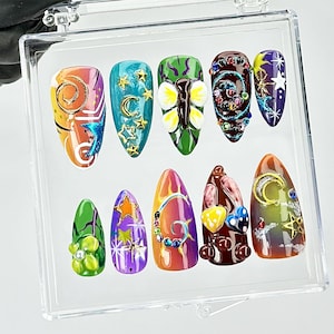 Colorful Celestial Press On Nails by HudiNails | Fantasy Universe Fake Nails | Multicolor Swirls Nail Art | Festival Nail Art | HB811YC