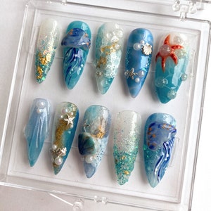 Blue Ocean-Inspired Press On Nails Cute Jellyfish Designs Adorable Marine Press On Nails Almond Nails Blue Sea Design HD370TT image 3