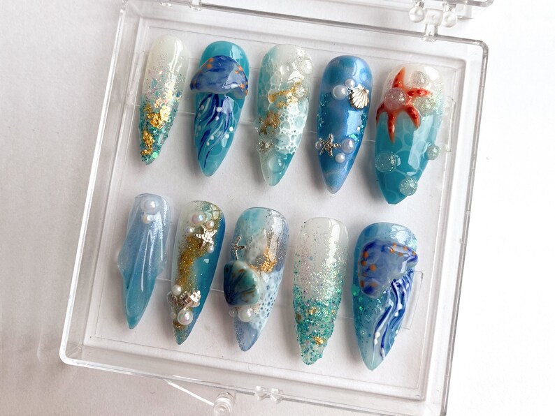 Blue Ocean-Inspired Press On Nails Cute Jellyfish Designs Adorable Marine Press On Nails Almond Nails Blue Sea Design HD370TT image 3