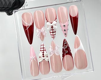Elegant Pink Press On Nails | Nail Set With Gentle Designs | Cute Bow Nail Art | Adorable 3D Raised Art | HC258YK