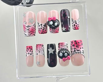 Uñas postizas con estampado de cebra y leopardo rosa, con pedrería HB617YK