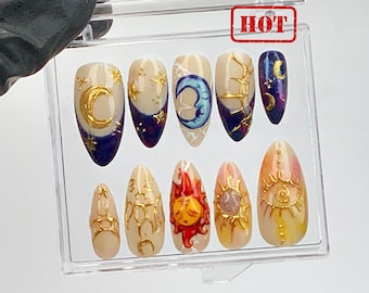 Celestial Sun and Moon Press On Nails | Gold Star Almond Nail Art HB602YV