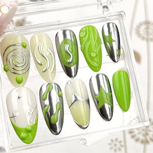 Y2K Inspired Green Fake Nails | Glossy Green Press on nails almond | Starry Gel Patterns and Green Hues Fake Nails | HC32T