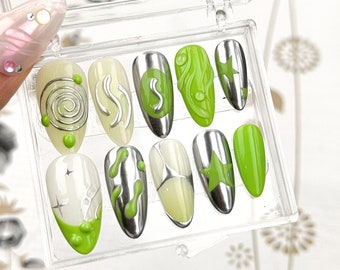 Y2K Inspired Green Fake Nails | Glossy Green Press on nails almond | Starry Gel Patterns and Green Hues Fake Nails | HD32T