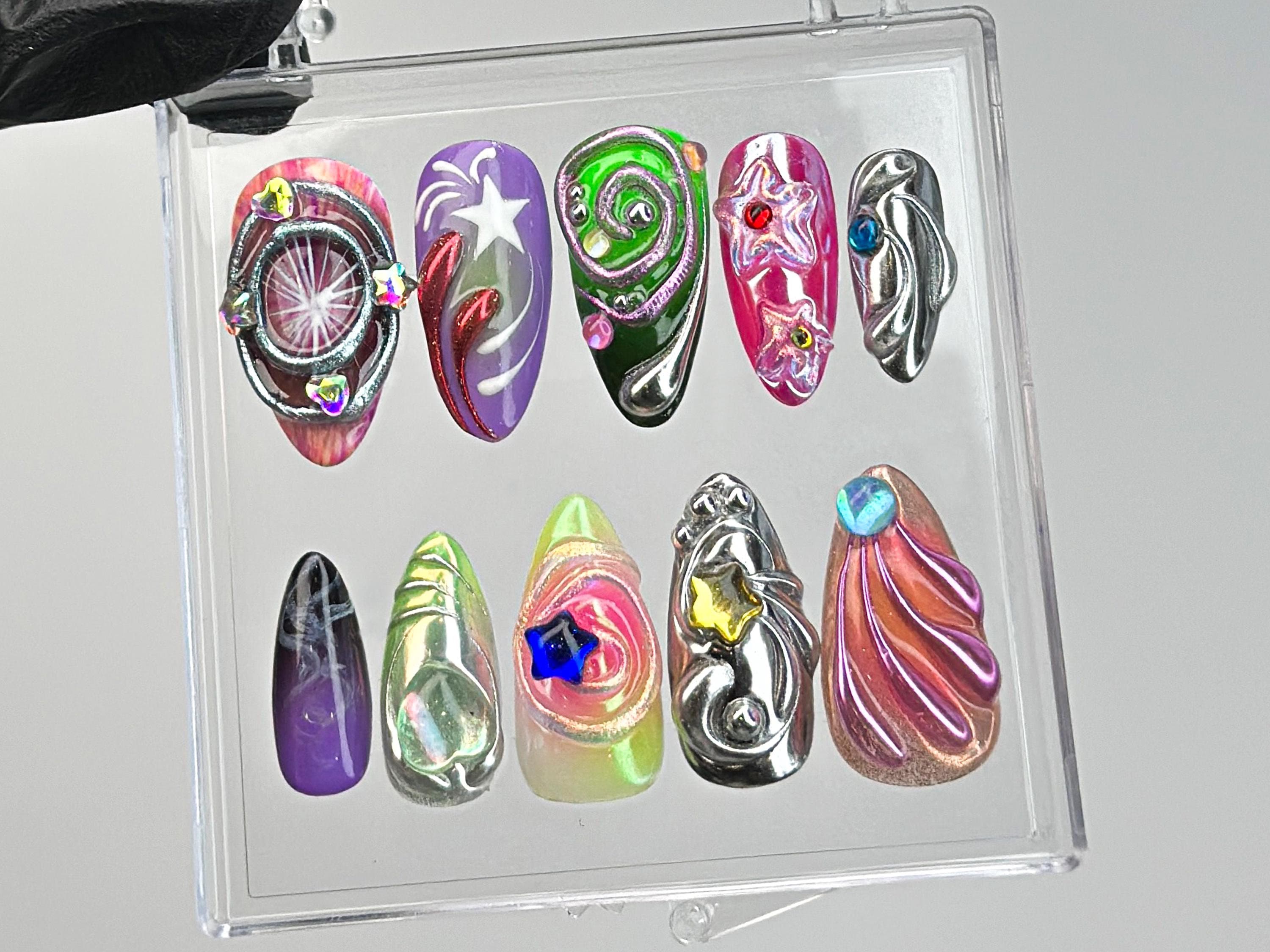 3D Chrome Galaxy Press On Nails Star Rhinestone Nail Charms