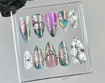 Uñas postizas estilo gótico cromado / Diseño de uñas iridiscente 3D / HB766YC