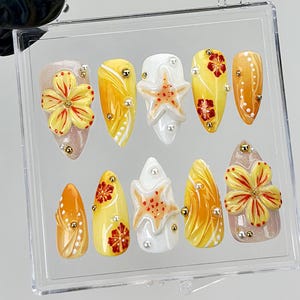 Tropical Summer Press On Nails | 3D Flower & Starfish Fake Nails | Beach Vibes Nail Art | Orange Yellow Floral Press Ons | Summer | HB881YK