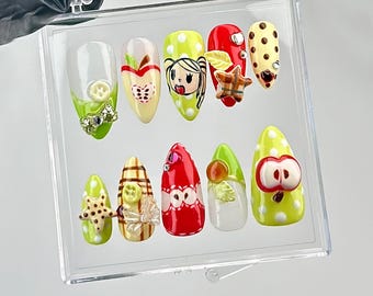 Fruity Fun Press On Nails | Hand-Painted Apple, Strawberry & Lemon Designs HB644YC