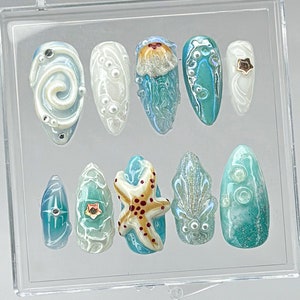 Ocean-inspirierte Press On Nägel | Atemberaubender 3D-Seestern auf künstlichen Nägeln | sommerliche Press on Nägel | Sommer Nägel | Ocean Nägel | Aufbügler |
