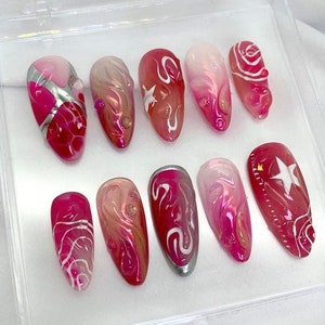 Unghie finte Chic in Pink Press On / Distinguiti con disegni a spirale unici su unghie finte / / Unghie acriliche / Unghie in gel / HC200T