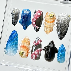 Deep Sea Creature Press On Nails | 3D Octopus Whale Shell Nails | Marine Life Nail Art | Handmade Ocean Nail Set | Funky Gel Nails | HB913DC