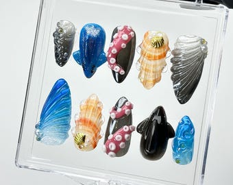 Uñas postizas 3D de pulpo y ballena / Diseño de uñas de gel con motivos marinos / HB913DC