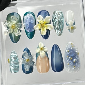 Elegant 3D Floral Press On Nails | Hand-painted Acrylic Spring Fake Nails | Ocean Blue and Pearl Nail Art | Nail Charms | Press Ons |HB439TL