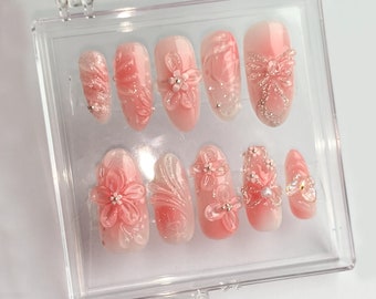 Hand Painted Rosé Ombre Press On Nails | 3D Floral Stiletto Nails HB369S