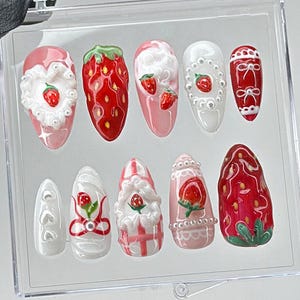 Strawberry Press On Nails | 3D Cream Nail Art, Bows & Pearls HB437TL