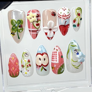 Strawberry Picnic Cottagecore Press On Nails | 3D Strawberry, Ladybug & Flower Nail Art | Handmade Picnic Gingham Nails | HB989EC