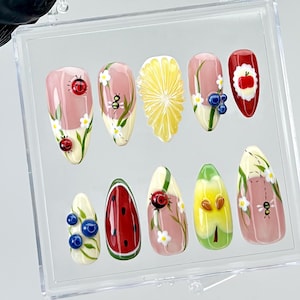 Garden Party Press On Nails | 3D Fruit & Flower Fake Nails | Ladybug Bee Nail Art | Summer Vibes Fake Nails | Vibrant Picnic Nails | HB864YK