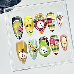 Fruit Bug Clock Press On Nails | 3D Apple, Pear & Ladybug Fake Nails | Handmade Kawaii Nail Art | Colorful Cartoon Fruit Press Ons | HA874YC