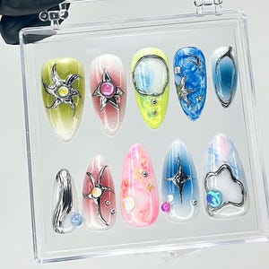 Iridescent Galaxy Press On Nails | Space Theme Fake Nails | 3D Celestial Nail Art | Shimmer Galaxy Press Ons | Starry Sky Press Ons |HB927YC
