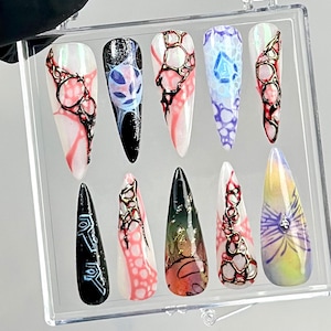 League of Legends Press On Nails |Gamer Girl Fake nails | Punk Rock Nail Art | Long Cyberpunk Fake Nails | Cyberpunk Jinx Press Ons |HB760YK