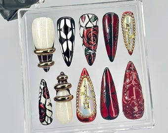 Unghie finte rosse e nere con rose / Nail art gotica 3D HB823YC
