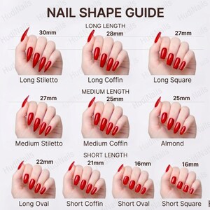 May include: A nail shape guide featuring hands with red polished nails in various shapes and lengths. The guide includes Long Stiletto (30mm), Long Coffin (28mm), Long Square (27mm), Medium Stiletto (27mm), Medium Coffin (25mm), Almond (25mm), Long Oval (22mm), Short Coffin (21mm), Short Oval (16mm), and Short Square (16mm).
