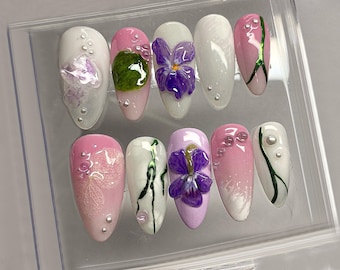 Purple Blossoms Press On Nails | 3D Green Leaves on Soft Pink and White Press On Nails | Dreamy Nails | Fake Nails | Gift for her | HD209T