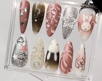 うさぎのかわいいつけ爪 | Y2Kスター、ハート3Dネイルアート HC266A