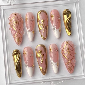 Luxury Gold Swirl Press On Nails | Elegant Gold-Infused Nail Art | Modern Pink Press On Nails with Gold Detailing On Fake Nails | HC290TK