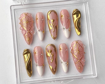 Gold Swirl Press On Nails | Pink Elegant Nail Art | HC290TK