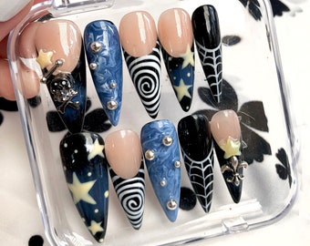 Galaxy-Inspired Press On Nails with Abstract Twists| Starry Night Dreams Nails Set: Unique Mirror Finish Press On Nails| Gift for her | HD01