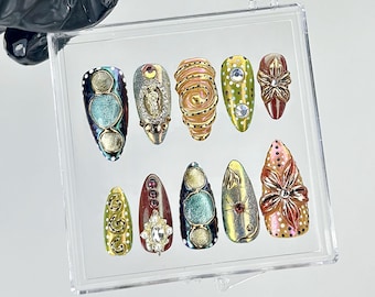 Uñas postizas 3D con diseño floral dorado / Arte de uñas estilo barroco HB872YK