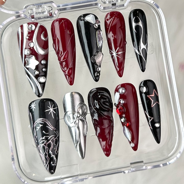 Luxury Black 3D Press On Nails | Red Press On Nails Unique Design | Nail Art | Y2k Nails | Acrylic Nails, Nails press on |Gift for her|HC23T