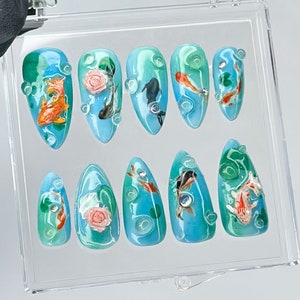 Ocean-Inspired Press On Nails | Hand Painted Koi Fish Nail Art | Flowers charms On Fake Nails | Nail Charms | Ocean Nails | HB436T