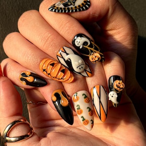 Spooky Harlequin Halloween Press On Nails | 3D Ghost & Jack-O’-Lantern Nail Art | Haunted Pumpkin Carnival Set | HB1076EC