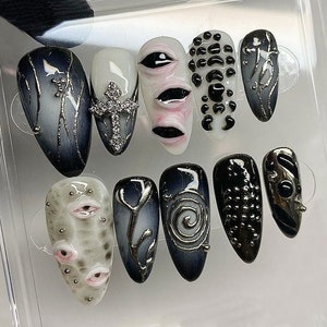 Cool Gothic-inspired Press On Nails | Goth Dark Blue Almond Nails | 3D Gel Nail with Eye Motif | Handpainted Mysterious Fake Nails | HD302A